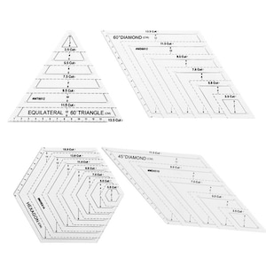 May include: Four clear acrylic quilting templates with printed cutting guides. Shapes include a triangle, diamond, and hexagon. The templates have measurements in centimeters and are labeled with cut sizes.
