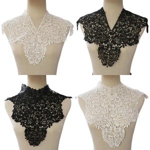 May include: Four lace collar designs in white and black are shown. Two are white, with one having a V-neck and the other a high neck. The other two are black, with one V-neck and the other a high neck. All collars feature detailed floral patterns.