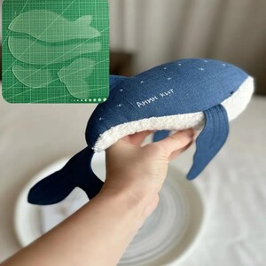 Puede incluir: Un peluche de ballena con la parte superior de tela azul oscuro con estrellas blancas bordadas y el texto cirílico "АНИН КИТ", junto a una parte inferior de tela blanca texturizada. Se observa una alfombrilla de corte verde con plantillas.