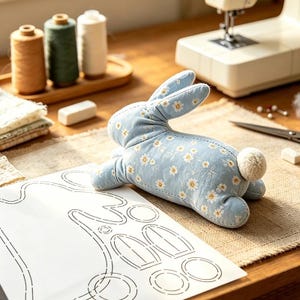 Peut inclure: Un lapin en peluche fabriqué dans un tissu bleu clair à motif de marguerites blanches, doté d'une petite queue en pompon blanc. Le lapin est placé à côté d'une feuille de patron en papier blanc avec des contours noirs pour la couture.