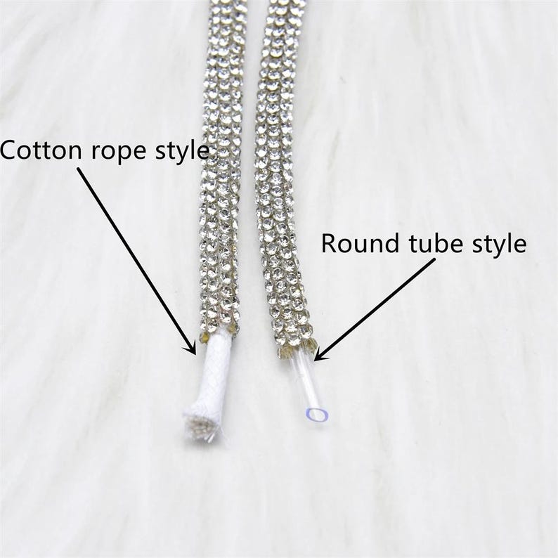 May include: Close-up of two decorative rhinestone cords. One is a cotton rope style, and the other is a round tube style. The cords are covered in small, sparkling rhinestones. The text in the image reads "Cotton rope style" and "Round tube style".