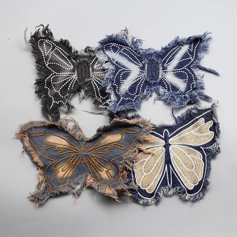 Denim Butterfly Design Patch, Applique Embellishment for Sew-on Clothing, Fashion Costume, Bags, Jackets, Hat, DIY Craft Project