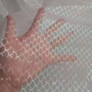 Könnte beinhalten: Nahaufnahme eines durchsichtigen weißen Stoffes mit einem schimmernden, irisierenden Schuppenmuster. Der Stoff wird hochgehalten, wodurch die Textur und das von den Schuppen reflektierte Licht sichtbar werden. Das Design ähnelt Fischschuppen.