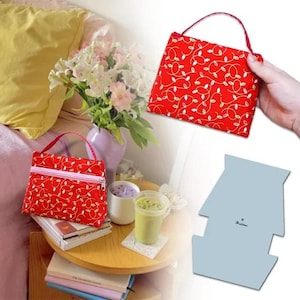 May include: A red fabric pouch featuring a repeating pattern of white and yellow string lights, equipped with a top handle and a zippered closure. The pouch is shown in two views, including a flat template pattern with a small logo printed on it.