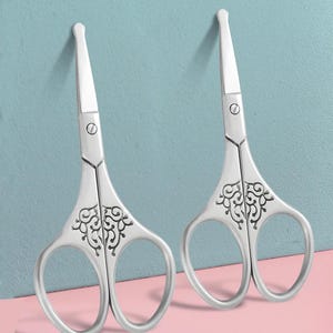 May include: A pair of silver scissors with decorative swirling patterns on the handles. The scissors have pointed tips and are set against a two-tone background of blue and pink.