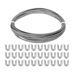 May include: A coiled, silver cable secured with a white tie, and a set of silver U-shaped fasteners. The cable is made of tightly wound metal strands. The fasteners are arranged in rows, all in a bright, metallic finish.