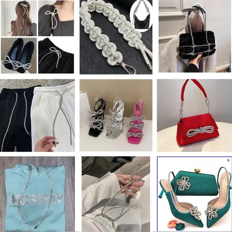 May include: A collection of fashion accessories and apparel, including a black handbag, red purse, and teal heels, all adorned with sparkling embellishments. Also featured are rhinestone-studded shoelaces, hair bows, and a hoodie with the word "KOSHEY".