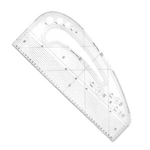 May include: A clear, transparent sewing curve ruler with a curved edge and straight edge. The ruler has measurements in inches and centimeters, with various markings and shapes for pattern making. The ruler is made of clear plastic.