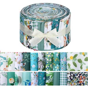 May include: A roll of fabric strips in various floral and patterned designs, tied with a cream-colored ribbon. The fabric features shades of green, blue, white, and yellow. The strips are approximately 2.5 inches wide, ideal for quilting and crafting projects.