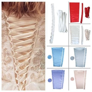 May include: A cream wedding dress back with a corset lace-up detail is shown. Additional images display corset back kits in red, white, blue, and lavender. Each kit includes satin panels, ribbon, and boning for dress alterations.