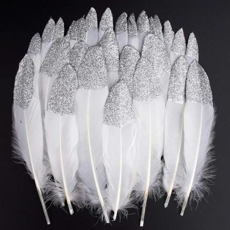 Silver Powder Goose Feathers, 10-22cm 20pcs, DIY Craft Plumes for Wedding Centerpieces, Party Decorations, Accessory, White Feather Projects