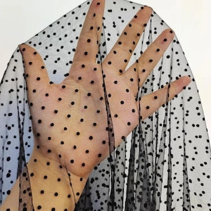 Puede incluir: Una tela de tul negro transparente con un patrón repetitivo de pequeños puntos negros sólidos similares al terciopelo. El material de malla ligero y semitransparente está drapeado para mostrar su fina estructura de red hexagonal y el espaciado uniforme.