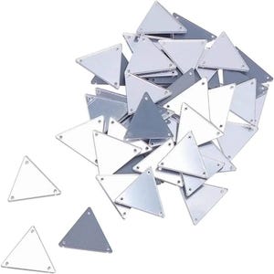 May include: A collection of small, reflective, triangular-shaped pieces. The triangles are in varying shades of silver and gray, with three small holes at each corner. They are scattered against a white background.