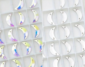 Crystal Glass Rhinestone Flatback with Holes, Moon Shape, 24pcs, for DIY Craft Project, Sew-on Wedding Dress Beads, Shoes, Sewing Accessory