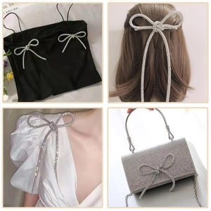May include: A collection of accessories featuring bow designs. Includes a black camisole with rhinestone bows, a rhinestone bow hair clip, a white blouse with a rhinestone bow, and a silver rhinestone handbag with a bow.