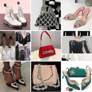 May include: A collage of fashion items, including white lace-up boots, a gray macrame bag, and high-heeled sandals with rhinestone embellishments. Also featured are a red handbag with a bow detail, and a quilted pink handbag with a rhinestone strap.