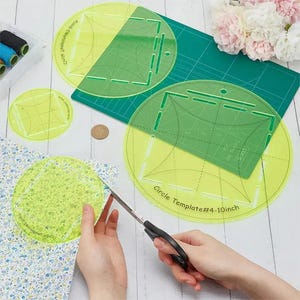 Conjunto de 6 moldes circulares de acrílico para patchwork, na cor amarela. Estêncil espesso com bordas lisas, ideal para costura, patchwork, corte de tecido e trabalhos manuais. Ferramentas de alfaiate.