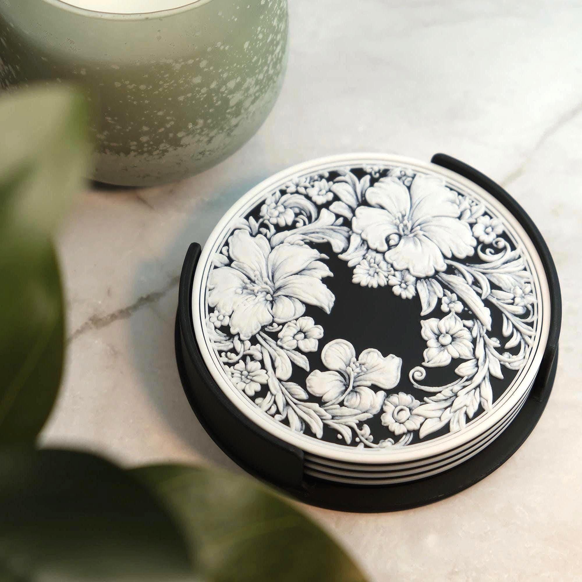 Flower Art Coasters - 4 Pack and Holder - Elegant Black & White Flower Design with 3D Surface
