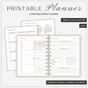 Planificador imprimible 2025 / Organizador semanal y mensual con reflejos / Beige neutro / Tamaños A5, A4 y carta de EE. UU. / Descarga instantánea