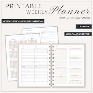 Undated Printable Planner | Weekly Organizer with Reflection | Neutral Beige | A5, A4 & US Letter | Instant Download