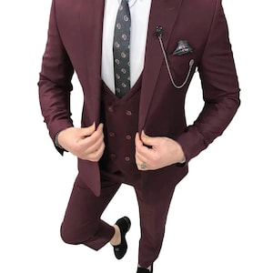 Men&#39;s Burgundy Suit 3 Piece Set, Wedding Tuxedo for Groom & Groomsmen, Slim Fit Blazer, Vest Pants Formal Wear, Personalized gift