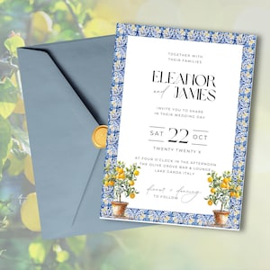 Mediterranean Wedding Invitation Template | Blue Yellow Tile Design with Lemons | Editable Canva Invite | Summer Destination Wedding