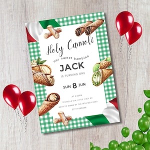Holy Cannoli 1st Birthday Invitation, Digital Editable Pasta Invite, Fun Italian Kids Party Evite