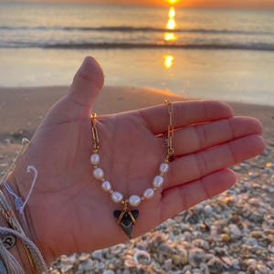 Freshwater Pearl Necklace: Gold Paperclip Chain, Shark Tooth Pendant