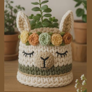 May include: A handcrafted, cream-colored crochet llama planter with a green and beige stripe. The llama has closed eyes, beige ears, and a floral crown with yellow, orange, and green flowers. A green succulent plant is inside the planter.