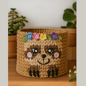 Peut inclure: Panier crocheté à la main, de couleur marron, orné d'un visage de paresseux. Le panier est orné d'une couronne florale avec des fleurs bleues, roses et jaunes. Le visage du paresseux comprend des yeux noirs, un nez et une bouche souriante. Parfait pour le rangement.
