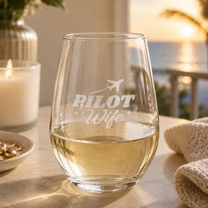 Copa de vino sin tallo "Esposa de Piloto" / Grabado con inscripción de aviación, 326 ml