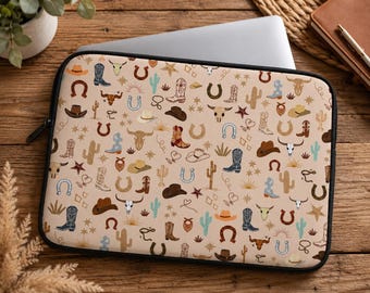 Custodia per laptop in stile western, stivali da cowgirl e motivo cactus