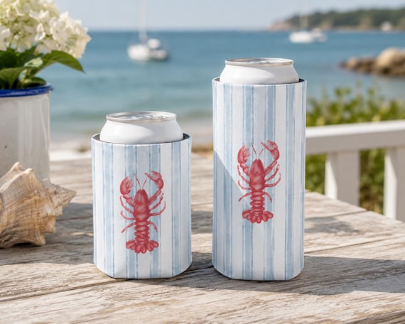 Lobster Summer Can Cooler | Coastal Striped Drink Sleeve