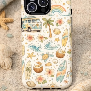 May include: A smartphone case featuring a cream-colored background with a repeating pattern of beach-themed illustrations including a vintage van, palm trees, hibiscus flowers, surfboards, ocean waves, sea turtles, coconuts, and a rainbow.