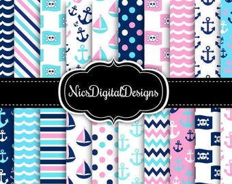 Papeles digitales de Chica Náutica: Anclas, Barcos, Olas (Descarga digital)