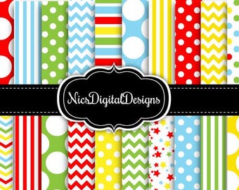 Polka Dot and Stripes Digital Paper Pack, Red Green Blue Yellow (Digital Download)