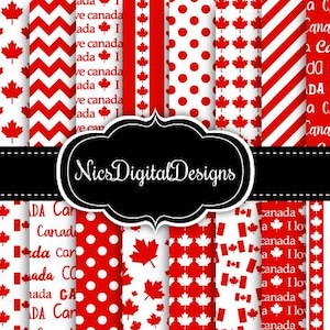 Canada Day Digital Papers: Red, White, Maple Leaf Patterns (Digital Download)