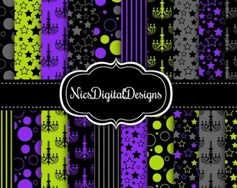 May include: A collection of digital papers with various patterns in black, purple, gray, and lime green. Designs include stars, circles, stripes, and chandeliers. The text "NicsDigitalDesigns" is displayed on a black banner.