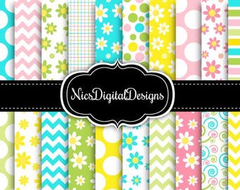 May include: A collection of colorful digital papers with various patterns, including polka dots, chevrons, floral designs, and stripes. The color palette includes shades of blue, pink, yellow, and green. The image includes the text "NicsDigitalDesigns".