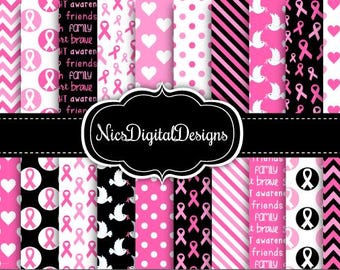 Breast Cancer Awareness Digital Paper: Pink, Black, Ribbons (12x12 inches)