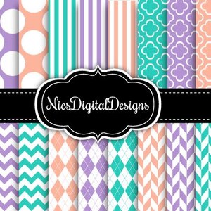 May include: A collection of digital paper patterns in various designs and colors. The patterns include polka dots, stripes, chevrons, and argyle in teal, purple, peach, and white. A black banner with the text "Nics Digital Designs" is in the center.