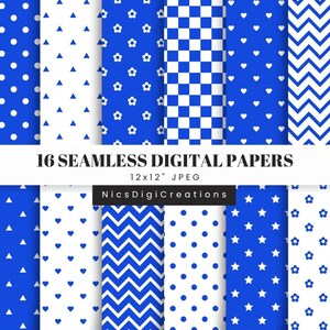 Könnte beinhalten: Sechzehn nahtlose digitale Papiere mit blau-weißen Mustern. Designs umfassen Sterne, Punkte, Dreiecke, Blumen, Schachbrettmuster, Herzen, Chevron-Muster und Streifen. Die Papiere sind 30,5 x 30,5 cm groß.