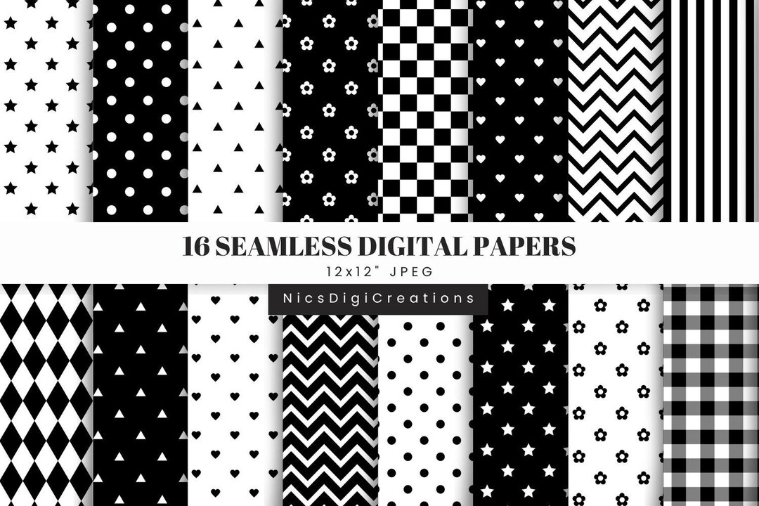 Black and White Digital Paper Pack, 16 Seamless Patterns, Minimal ...