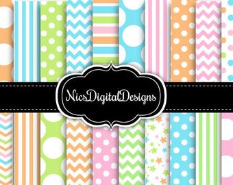 Pastel Digital Paper Pack, Stripes, Stars (12x12 inches) (Digital Download)
