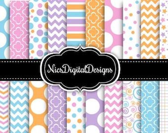May include: Digital paper pack featuring diverse patterns such as polka dots, chevrons, and floral motifs. The colour scheme includes pastel blues, pinks, purples, and oranges. The text "NicsDigitalDesigns" is displayed on a black banner.