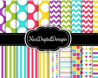 May include: A set of 12 digital paper patterns featuring various colourful designs, including polka dots, stripes, zigzags, and hearts. The patterns are perfect for scrapbooking, card making, and other craft projects.