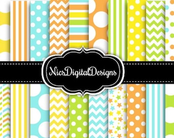 Yellow Blue Green Orange Pattern Digital Paper Pack (12x12 inches)