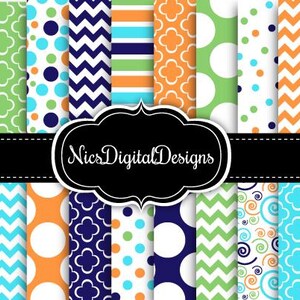 May include: A collection of digital paper patterns in various designs and colors. The patterns include polka dots, chevrons, stripes, and floral motifs in shades of blue, green, orange, and white. The text "NicsDigitalDesigns" is displayed on a black banner.