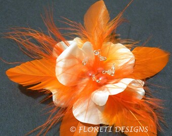 Luxury Light Ivory Rose Silk Bridal Hair Accessory Fascinator Orange Coral Pearls Crystals -Ready Made