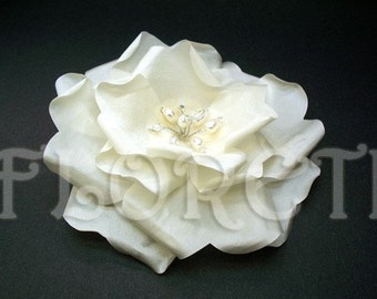 Snow Bride Large Ivory Rose Wedding Dress Flower Pin w/ Pearls Crystals